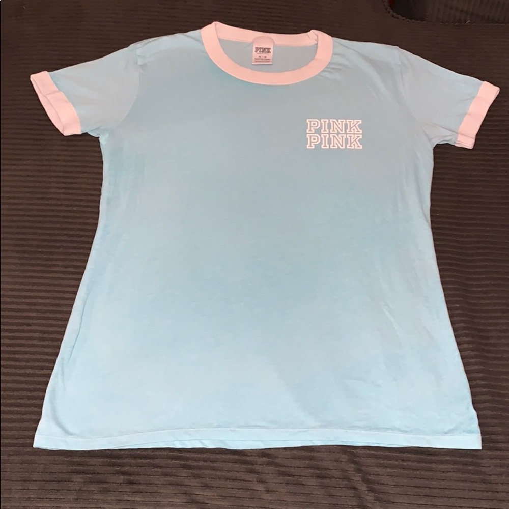 PINK Victoria's Secret Light Blue and Pink Short Sleeve Tee